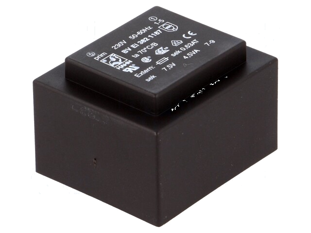 Transformator: ingegoten; 4,5VA; 230VAC; 7,5V; 600mA; PCB; BVEI Transformator: ingegoten; 4,5VA; 230VAC; 7,5V; 600mA; PCB; BVEI